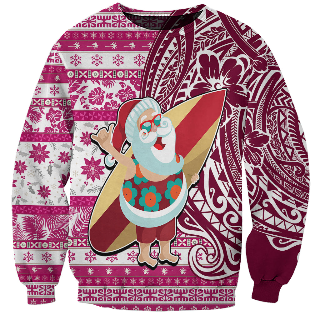 Hawaii Mele Kalikimaka Sweatshirt Santa Claus Surfing with Hawaiian Pattern Striped Pink Style LT03 Unisex Pink - Polynesian Pride