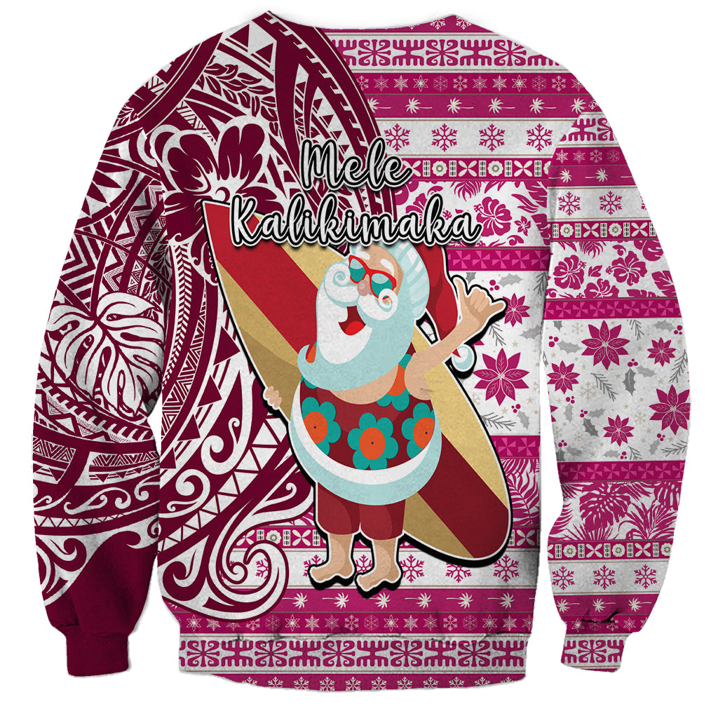 Hawaii Mele Kalikimaka Sweatshirt Santa Claus Surfing with Hawaiian Pattern Striped Pink Style LT03 - Polynesian Pride
