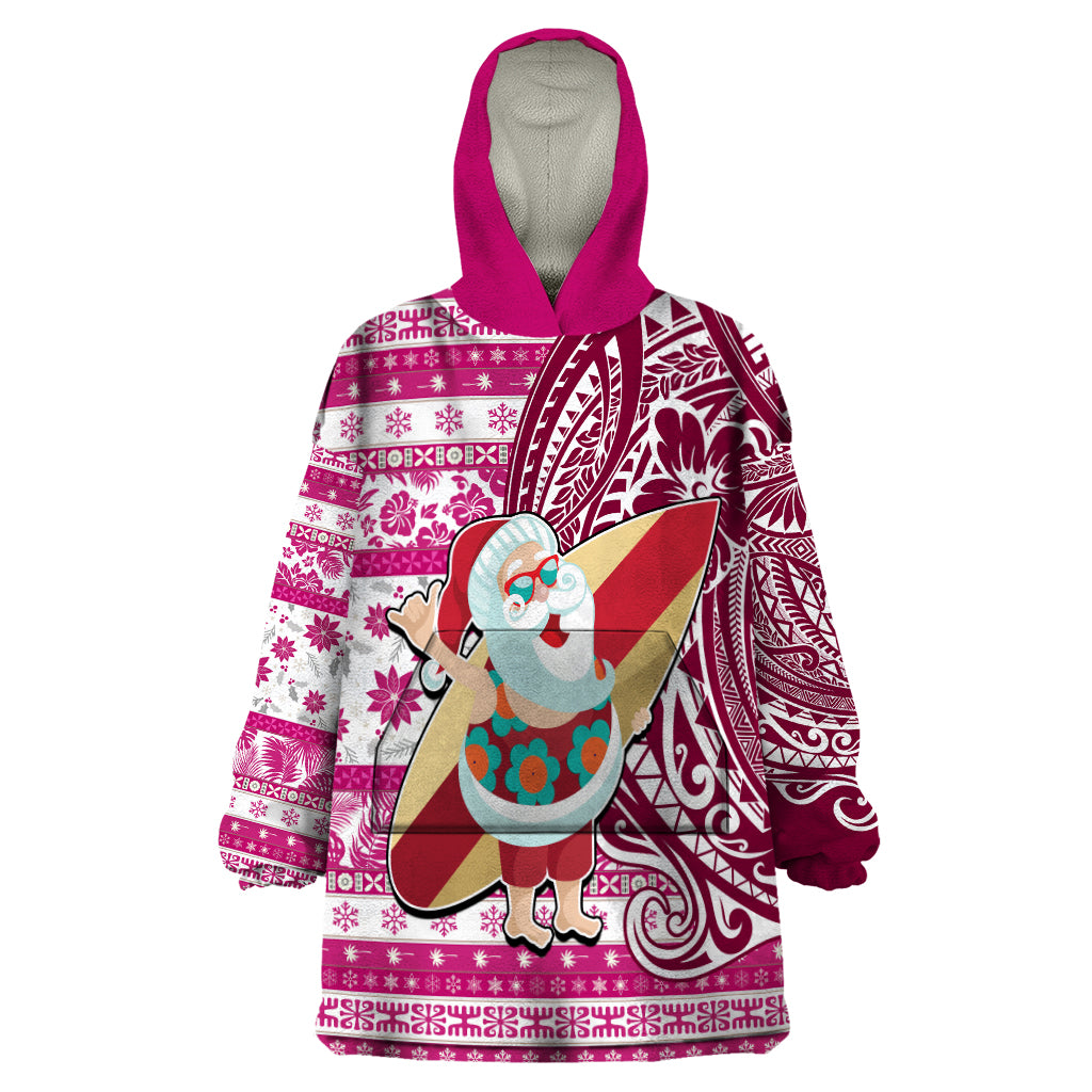 Hawaii Mele Kalikimaka Wearable Blanket Hoodie Santa Claus Surfing with Hawaiian Pattern Striped Pink Style LT03 One Size Pink - Polynesian Pride