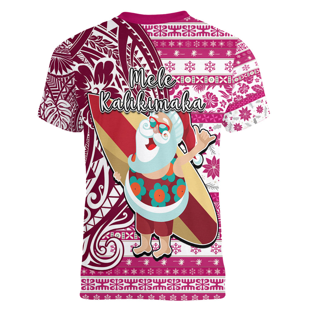 Hawaii Mele Kalikimaka Women V Neck T Shirt Santa Claus Surfing with Hawaiian Pattern Striped Pink Style LT03 - Polynesian Pride