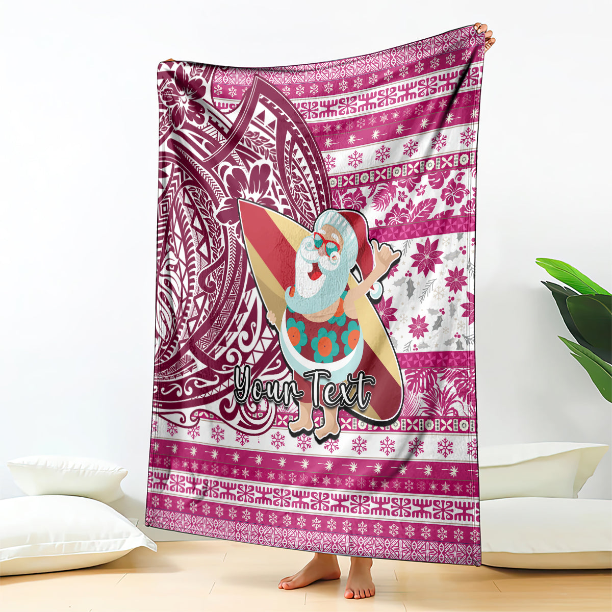 Custom Hawaii Mele Kalikimaka Blanket Santa Claus Surfing with Hawaiian Pattern Striped Pink Style LT03 Pink - Polynesian Pride