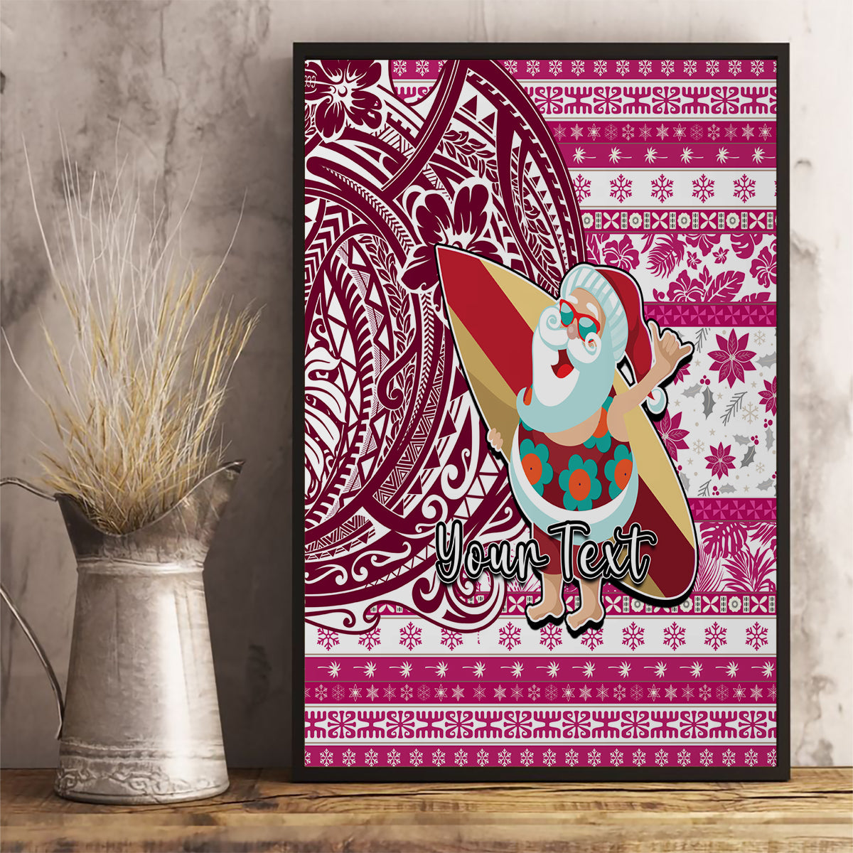 Custom Hawaii Mele Kalikimaka Canvas Wall Art Santa Claus Surfing with Hawaiian Pattern Striped Pink Style LT03 - Polynesian Pride