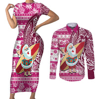 Custom Hawaii Mele Kalikimaka Couples Matching Short Sleeve Bodycon Dress and Long Sleeve Button Shirt Santa Claus Surfing with Hawaiian Pattern Striped Pink Style LT03 Pink - Polynesian Pride