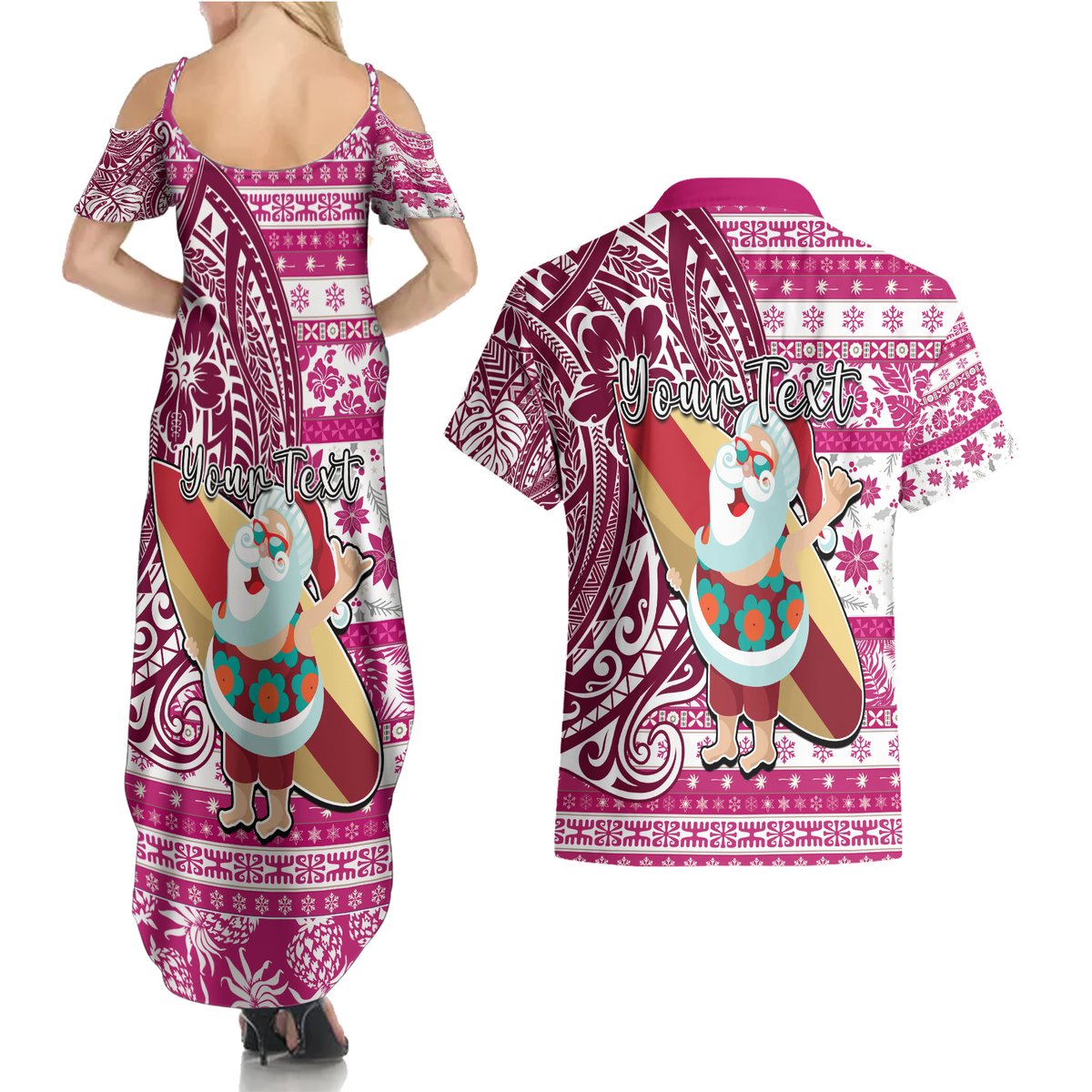 Custom Hawaii Mele Kalikimaka Couples Matching Summer Maxi Dress and Hawaiian Shirt Santa Claus Surfing with Hawaiian Pattern Striped Pink Style LT03 - Polynesian Pride