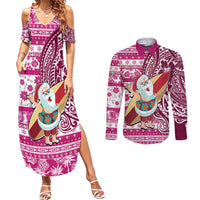 Custom Hawaii Mele Kalikimaka Couples Matching Summer Maxi Dress and Long Sleeve Button Shirt Santa Claus Surfing with Hawaiian Pattern Striped Pink Style LT03 Pink - Polynesian Pride