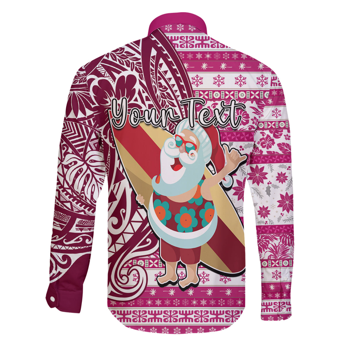Custom Hawaii Mele Kalikimaka Family Matching Off Shoulder Long Sleeve Dress and Hawaiian Shirt Santa Claus Surfing with Hawaiian Pattern Striped Pink Style LT03 - Polynesian Pride