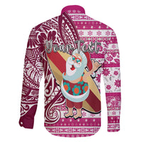 Custom Hawaii Mele Kalikimaka Family Matching Off Shoulder Maxi Dress and Hawaiian Shirt Santa Claus Surfing with Hawaiian Pattern Striped Pink Style LT03 - Polynesian Pride