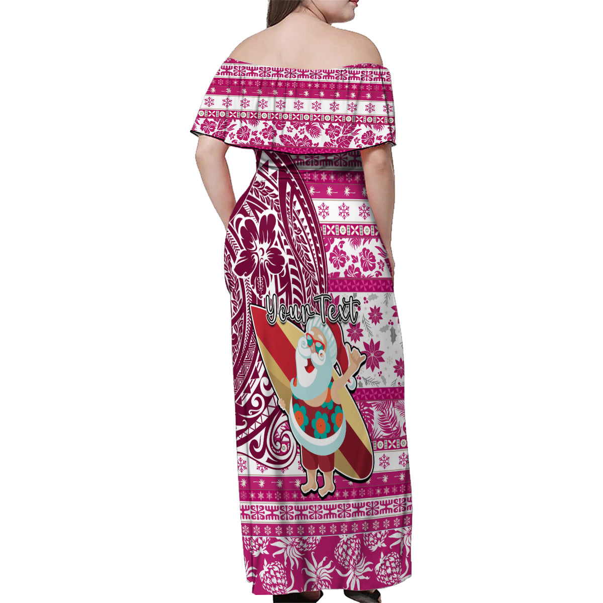 Custom Hawaii Mele Kalikimaka Family Matching Off Shoulder Maxi Dress and Hawaiian Shirt Santa Claus Surfing with Hawaiian Pattern Striped Pink Style LT03 - Polynesian Pride