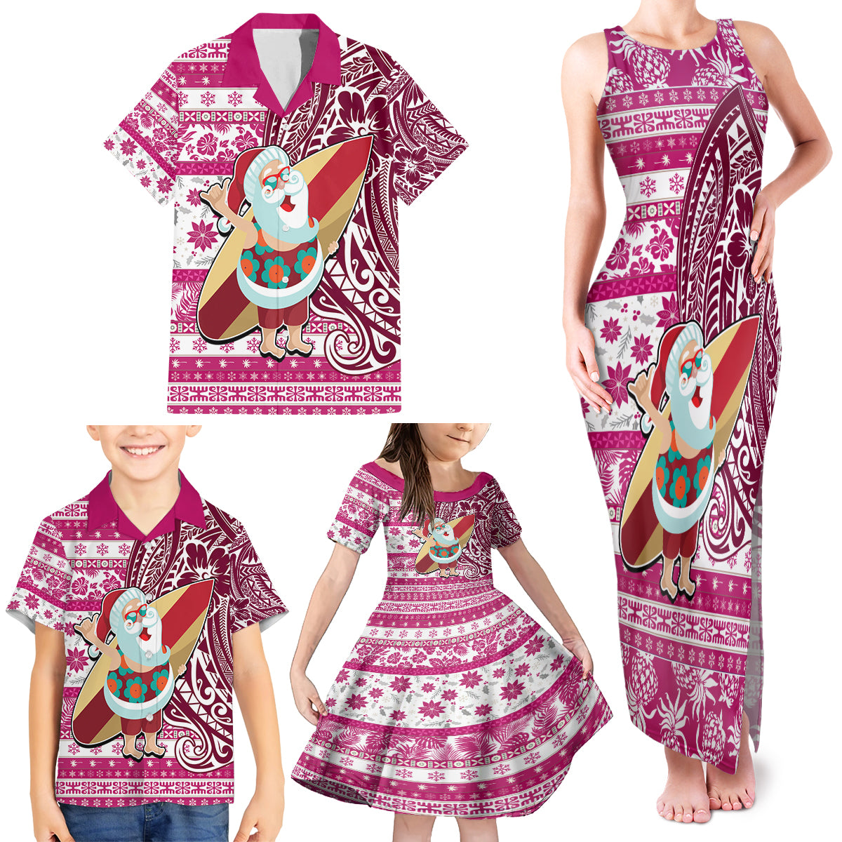 Custom Hawaii Mele Kalikimaka Family Matching Tank Maxi Dress and Hawaiian Shirt Santa Claus Surfing with Hawaiian Pattern Striped Pink Style LT03 - Polynesian Pride