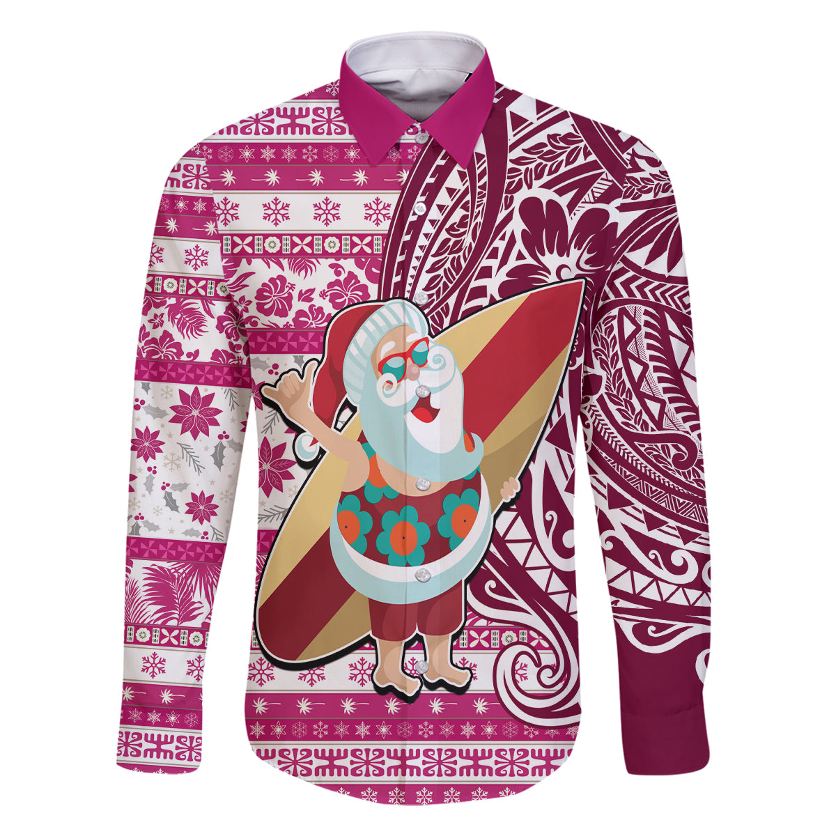 Custom Hawaii Mele Kalikimaka Family Matching Tank Maxi Dress and Hawaiian Shirt Santa Claus Surfing with Hawaiian Pattern Striped Pink Style LT03 Dad's Shirt - Long Sleeve Pink - Polynesian Pride