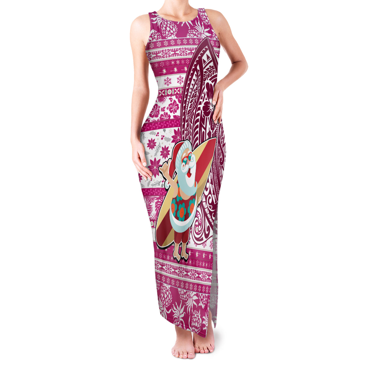 Custom Hawaii Mele Kalikimaka Family Matching Tank Maxi Dress and Hawaiian Shirt Santa Claus Surfing with Hawaiian Pattern Striped Pink Style LT03 Mom's Dress Pink - Polynesian Pride