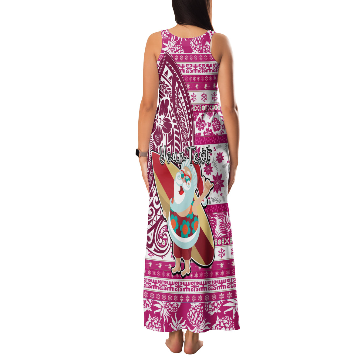 Custom Hawaii Mele Kalikimaka Family Matching Tank Maxi Dress and Hawaiian Shirt Santa Claus Surfing with Hawaiian Pattern Striped Pink Style LT03 - Polynesian Pride
