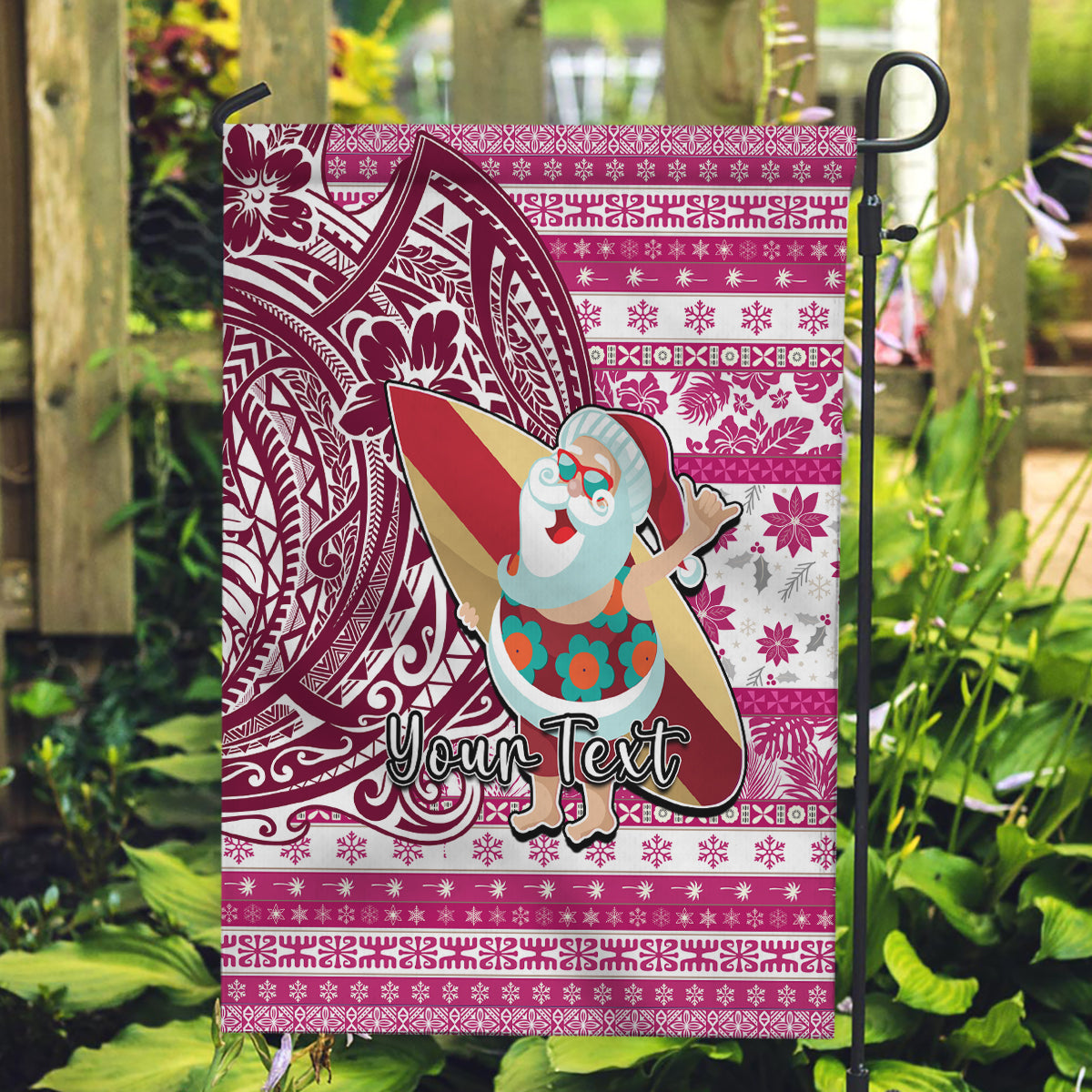 Custom Hawaii Mele Kalikimaka Garden Flag Santa Claus Surfing with Hawaiian Pattern Striped Pink Style LT03 Garden Flag Pink - Polynesian Pride