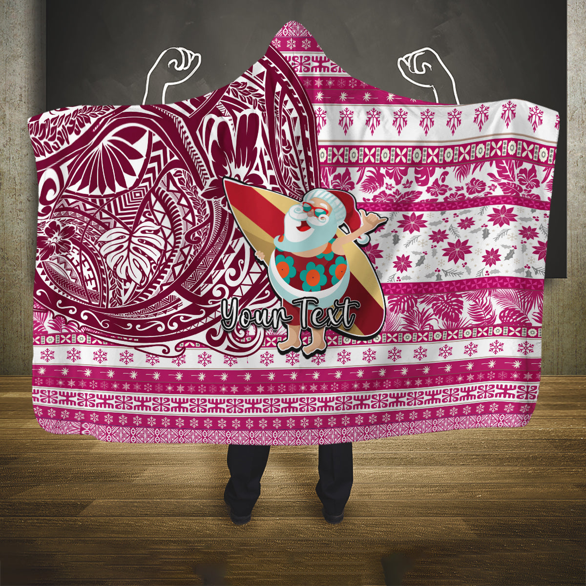 Custom Hawaii Mele Kalikimaka Hooded Blanket Santa Claus Surfing with Hawaiian Pattern Striped Pink Style LT03 One Size Pink - Polynesian Pride