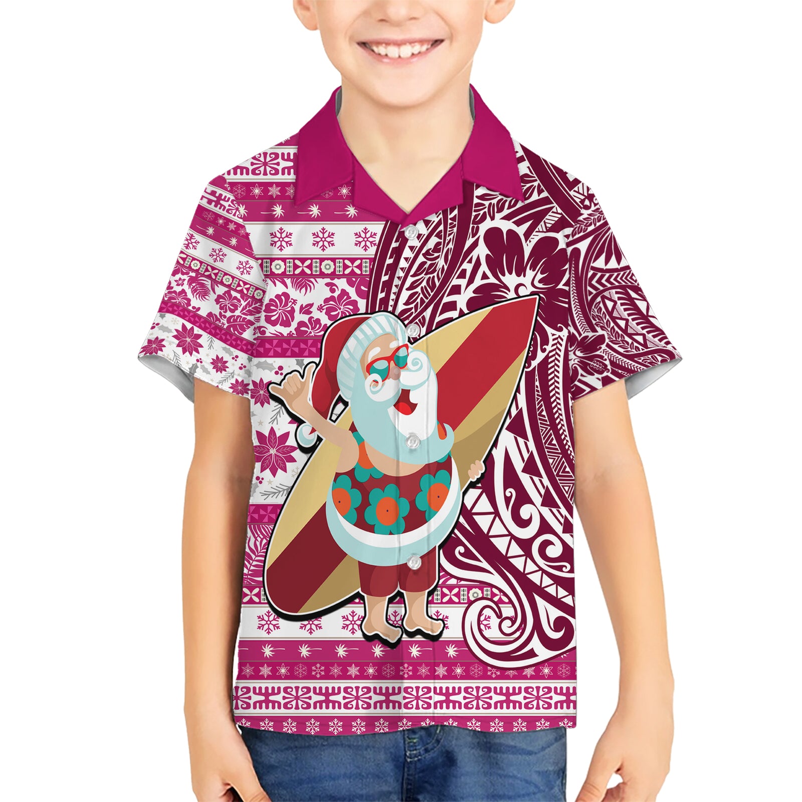 Custom Hawaii Mele Kalikimaka Kid Hawaiian Shirt Santa Claus Surfing with Hawaiian Pattern Striped Pink Style LT03 Kid Pink - Polynesian Pride