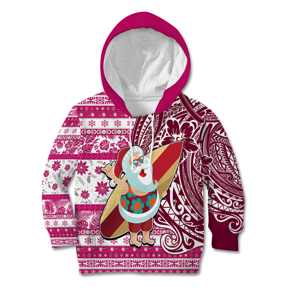 Custom Hawaii Mele Kalikimaka Kid Hoodie Santa Claus Surfing with Hawaiian Pattern Striped Pink Style LT03 Pink - Polynesian Pride