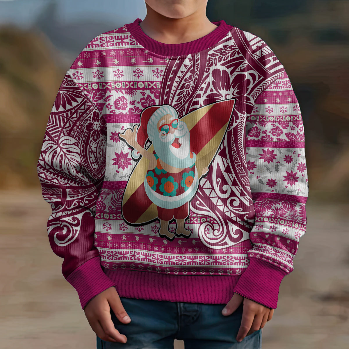 Custom Hawaii Mele Kalikimaka Kid Ugly Christmas Sweater Santa Claus Surfing with Hawaiian Pattern Striped Pink Style LT03 - Polynesian Pride