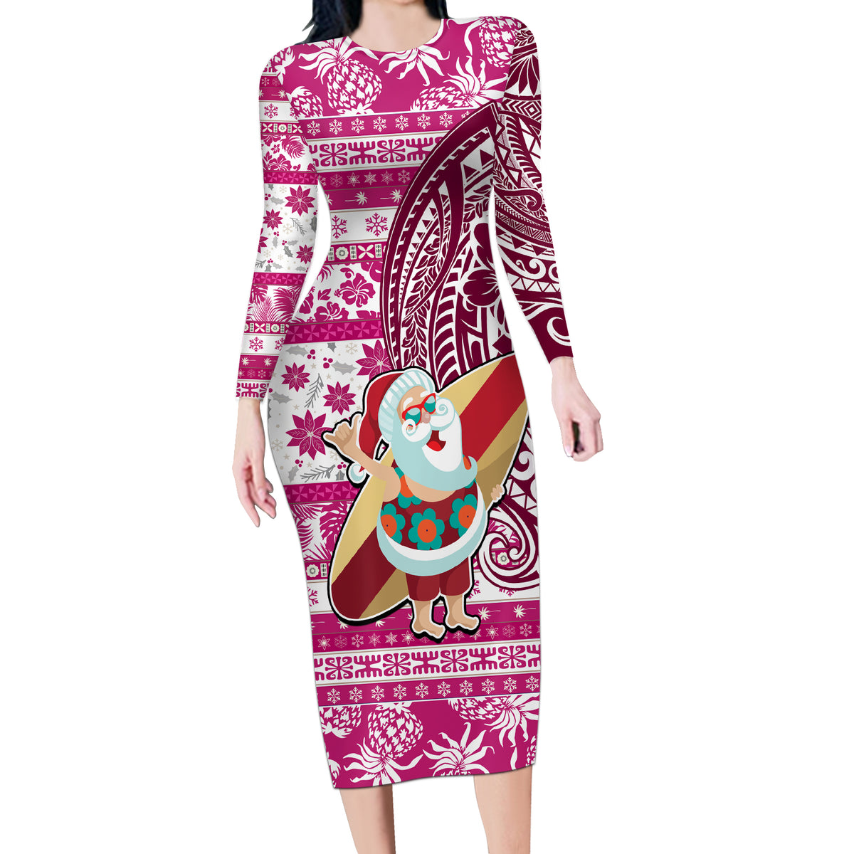 Custom Hawaii Mele Kalikimaka Long Sleeve Bodycon Dress Santa Claus Surfing with Hawaiian Pattern Striped Pink Style LT03 Long Dress Pink - Polynesian Pride