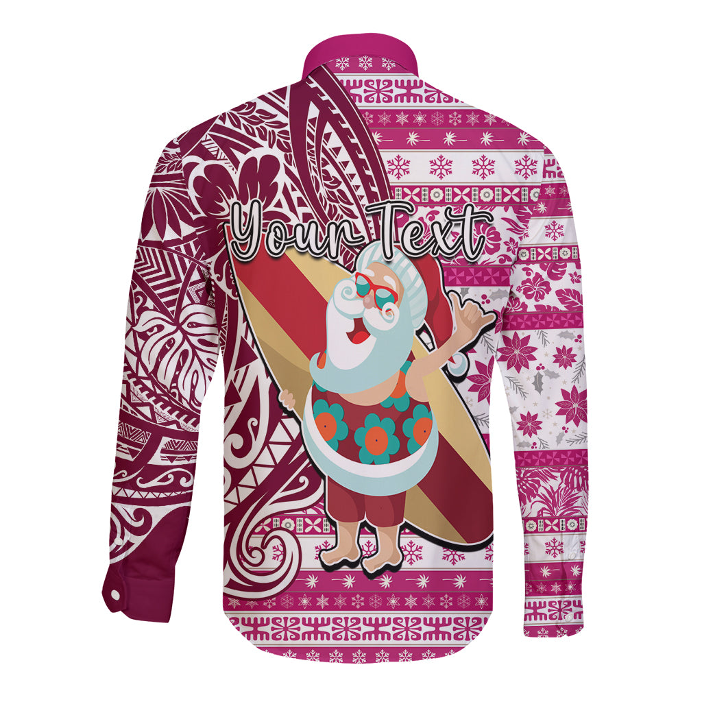 Custom Hawaii Mele Kalikimaka Long Sleeve Button Shirt Santa Claus Surfing with Hawaiian Pattern Striped Pink Style LT03 - Polynesian Pride