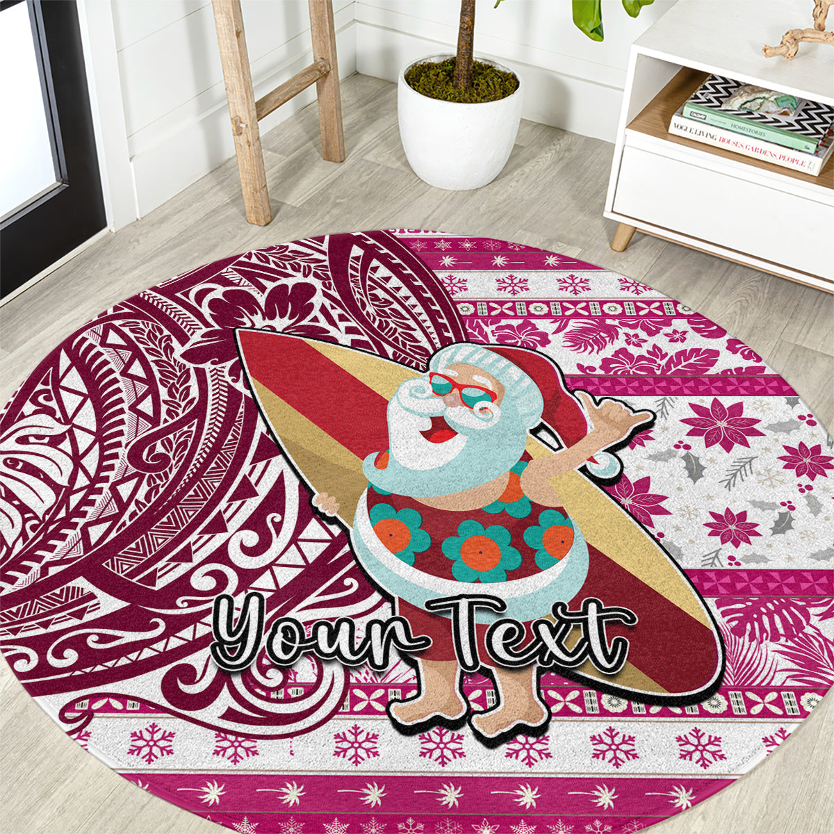 Custom Hawaii Mele Kalikimaka Round Carpet Santa Claus Surfing with Hawaiian Pattern Striped Pink Style LT03 Pink - Polynesian Pride