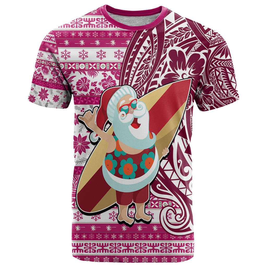 Custom Hawaii Mele Kalikimaka T Shirt Santa Claus Surfing with Hawaiian Pattern Striped Pink Style LT03 Pink - Polynesian Pride