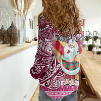 Custom Hawaii Mele Kalikimaka Women Casual Shirt Santa Claus Surfing with Hawaiian Pattern Striped Pink Style LT03 - Polynesian Pride