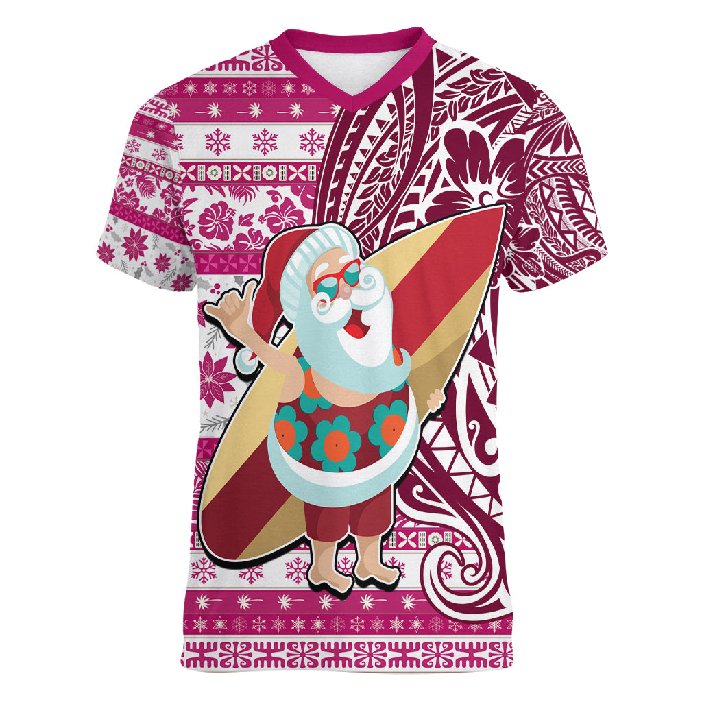 Custom Hawaii Mele Kalikimaka Women V Neck T Shirt Santa Claus Surfing with Hawaiian Pattern Striped Pink Style LT03 Female Pink - Polynesian Pride