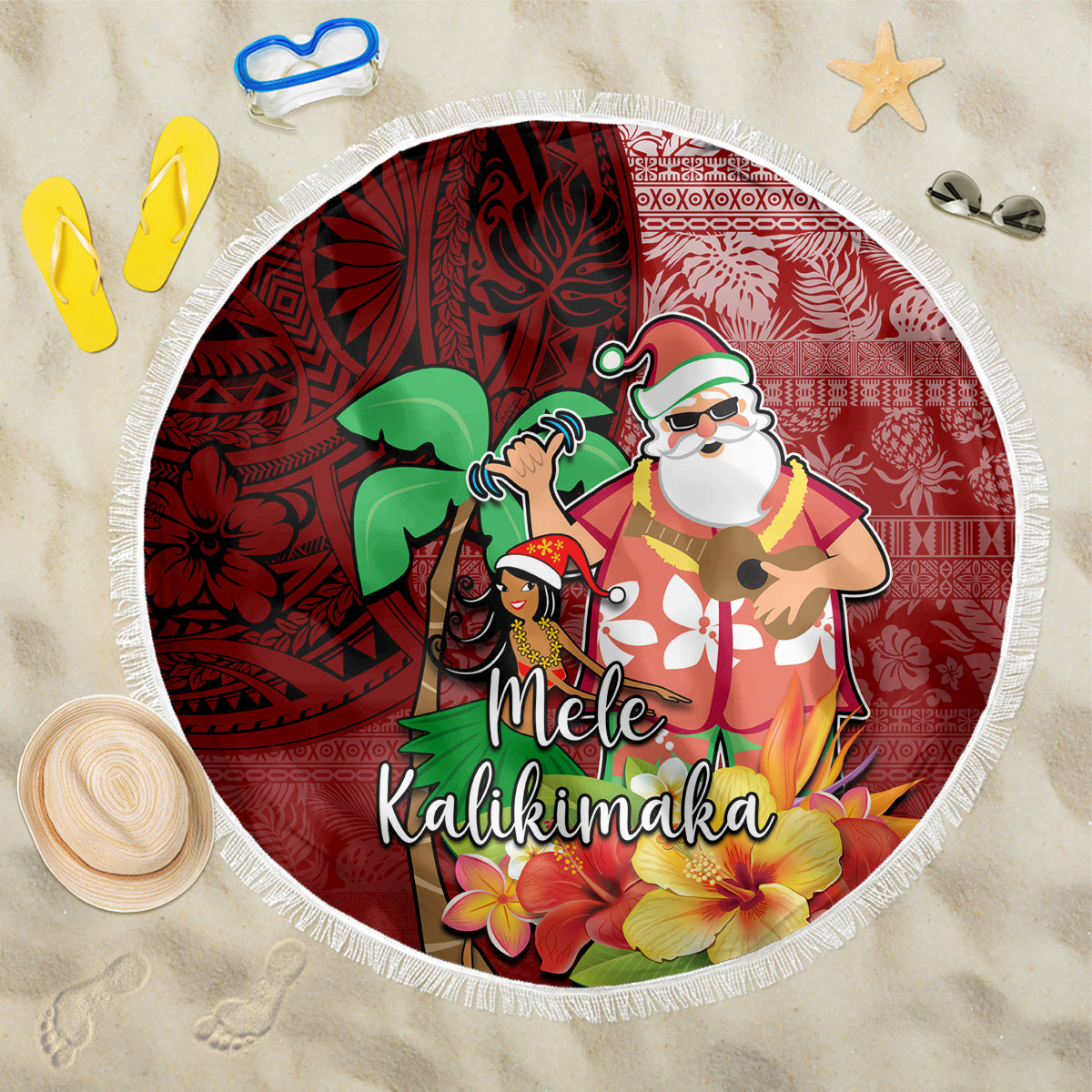 Hawaii Mele Kalikimaka Beach Blanket Santa Claus and Hula Girl Tropical Folwer with Hawaiian Pattern LT03 One Size 150cm Red - Polynesian Pride