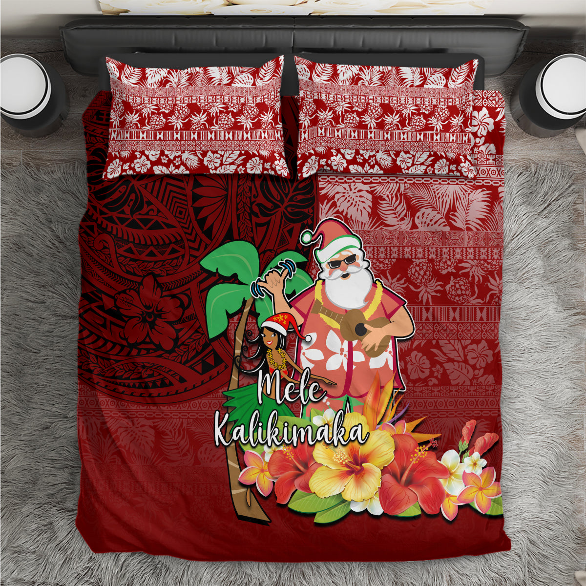 Hawaii Mele Kalikimaka Bedding Set Santa Claus and Hula Girl Tropical Folwer with Hawaiian Pattern LT03 Red - Polynesian Pride