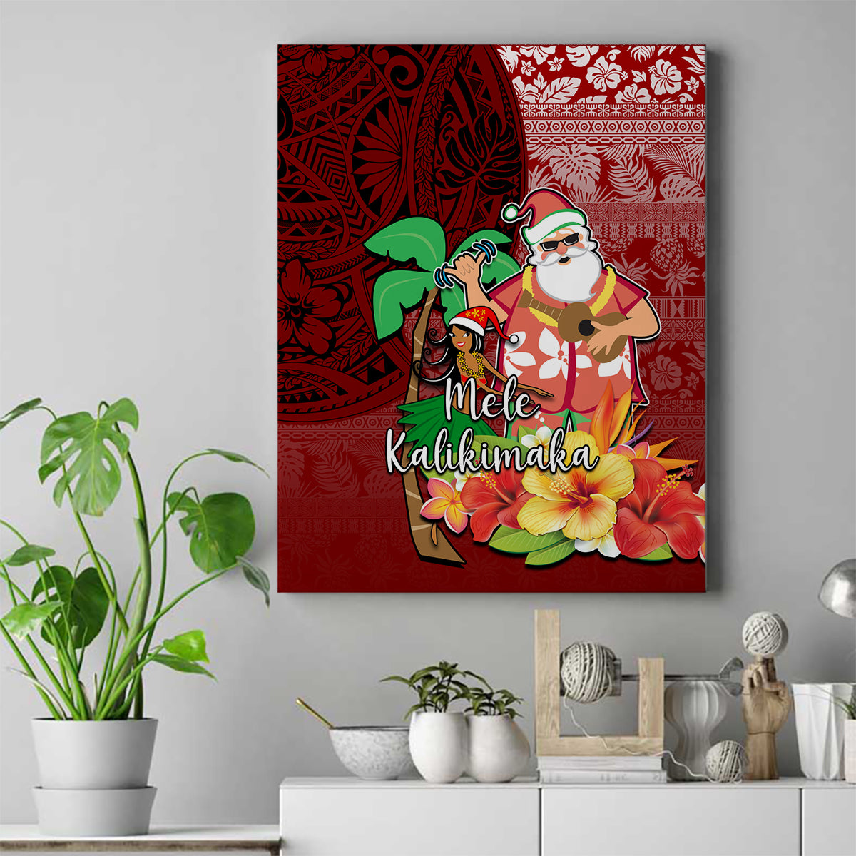 Hawaii Mele Kalikimaka Canvas Wall Art Santa Claus and Hula Girl Tropical Folwer with Hawaiian Pattern LT03 Red - Polynesian Pride