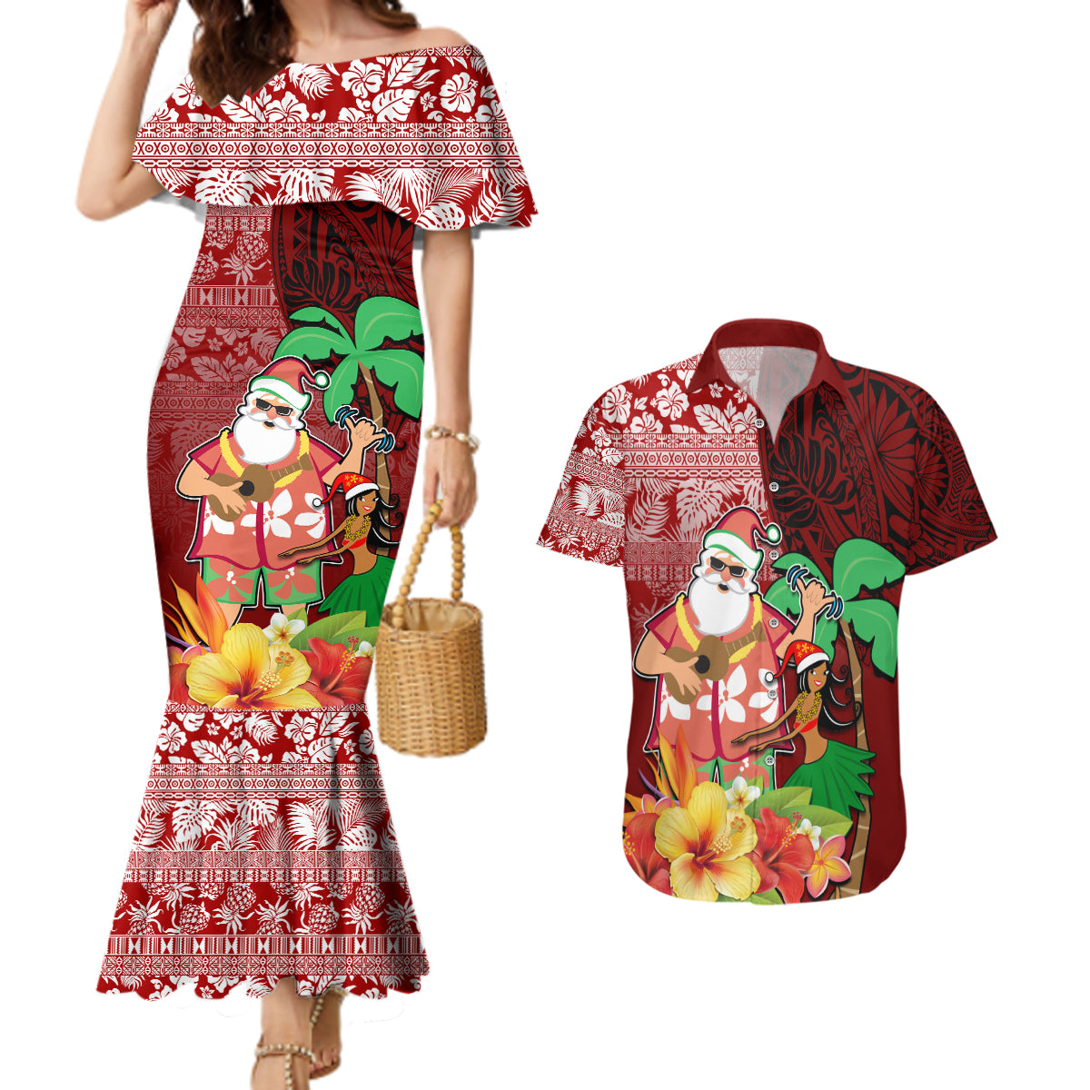 Hawaii Mele Kalikimaka Couples Matching Mermaid Dress and Hawaiian Shirt Santa Claus and Hula Girl Tropical Folwer with Hawaiian Pattern LT03 Red - Polynesian Pride