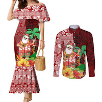Hawaii Mele Kalikimaka Couples Matching Mermaid Dress and Long Sleeve Button Shirt Santa Claus and Hula Girl Tropical Folwer with Hawaiian Pattern LT03 Red - Polynesian Pride