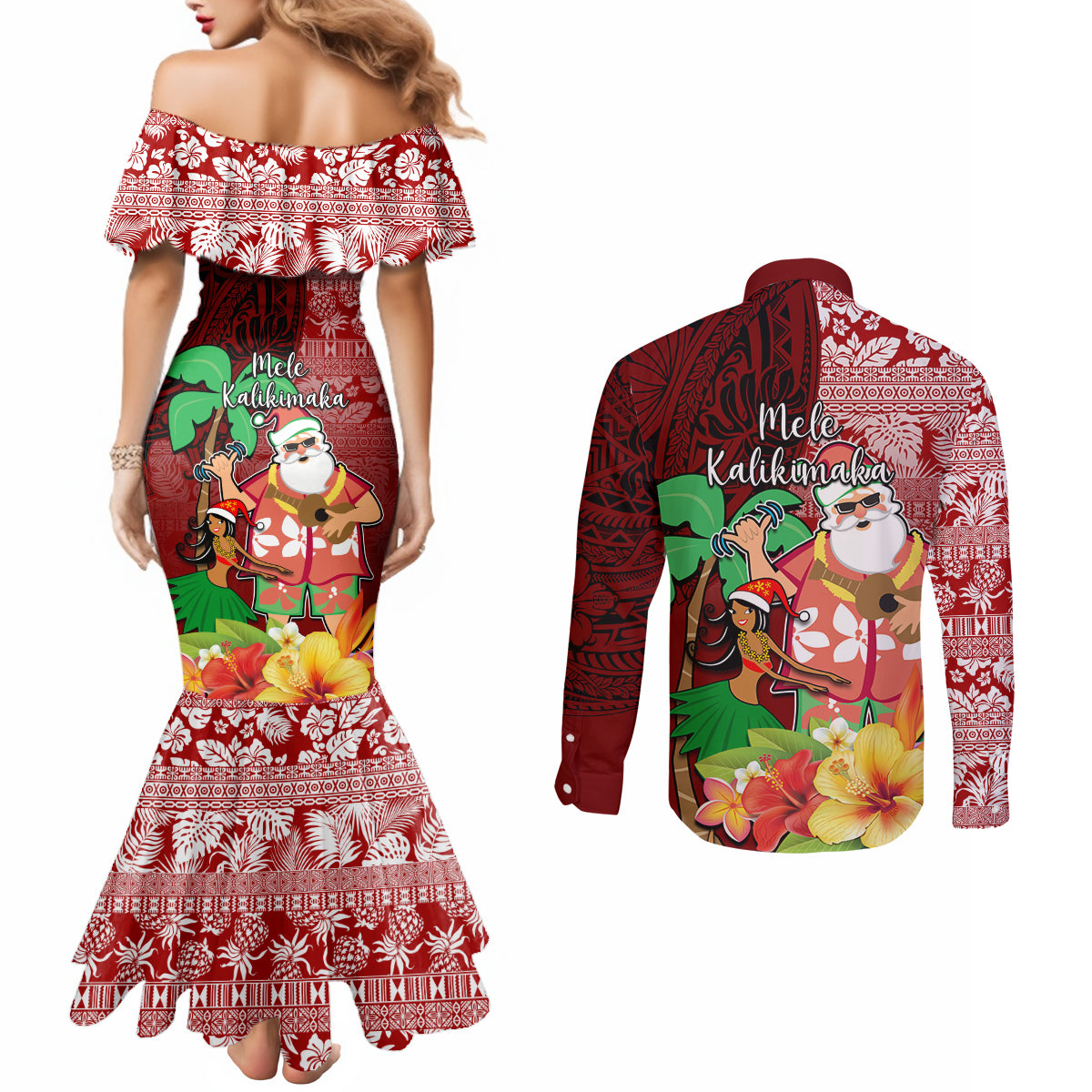 Hawaii Mele Kalikimaka Couples Matching Mermaid Dress and Long Sleeve Button Shirt Santa Claus and Hula Girl Tropical Folwer with Hawaiian Pattern LT03 - Polynesian Pride