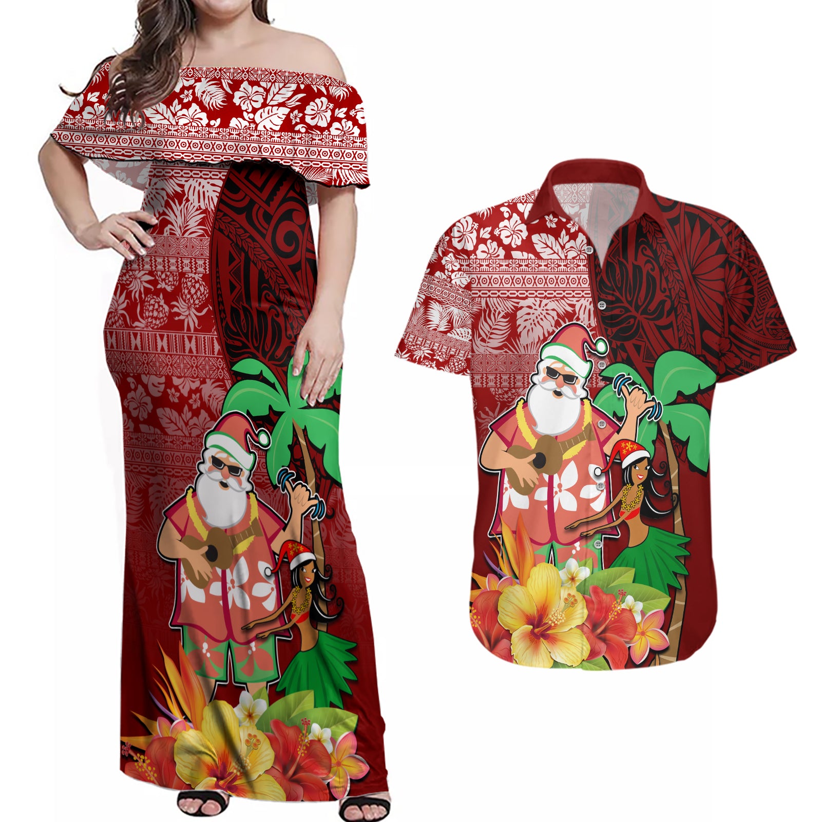 Hawaii Mele Kalikimaka Couples Matching Off Shoulder Maxi Dress and Hawaiian Shirt Santa Claus and Hula Girl Tropical Folwer with Hawaiian Pattern LT03 Red - Polynesian Pride