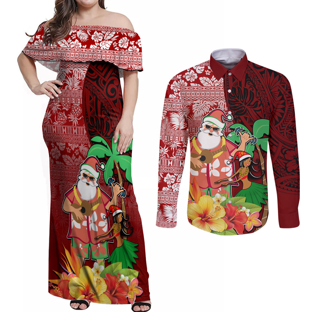 Hawaii Mele Kalikimaka Couples Matching Off Shoulder Maxi Dress and Long Sleeve Button Shirt Santa Claus and Hula Girl Tropical Folwer with Hawaiian Pattern LT03 Red - Polynesian Pride