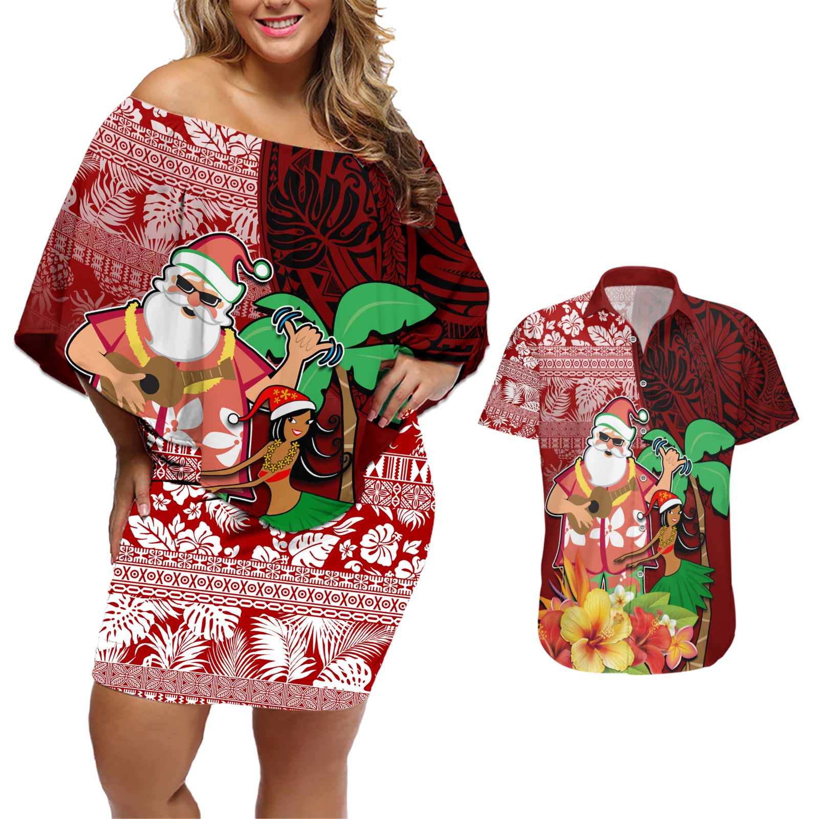 Hawaii Mele Kalikimaka Couples Matching Off Shoulder Short Dress and Hawaiian Shirt Santa Claus and Hula Girl Tropical Folwer with Hawaiian Pattern LT03 Red - Polynesian Pride