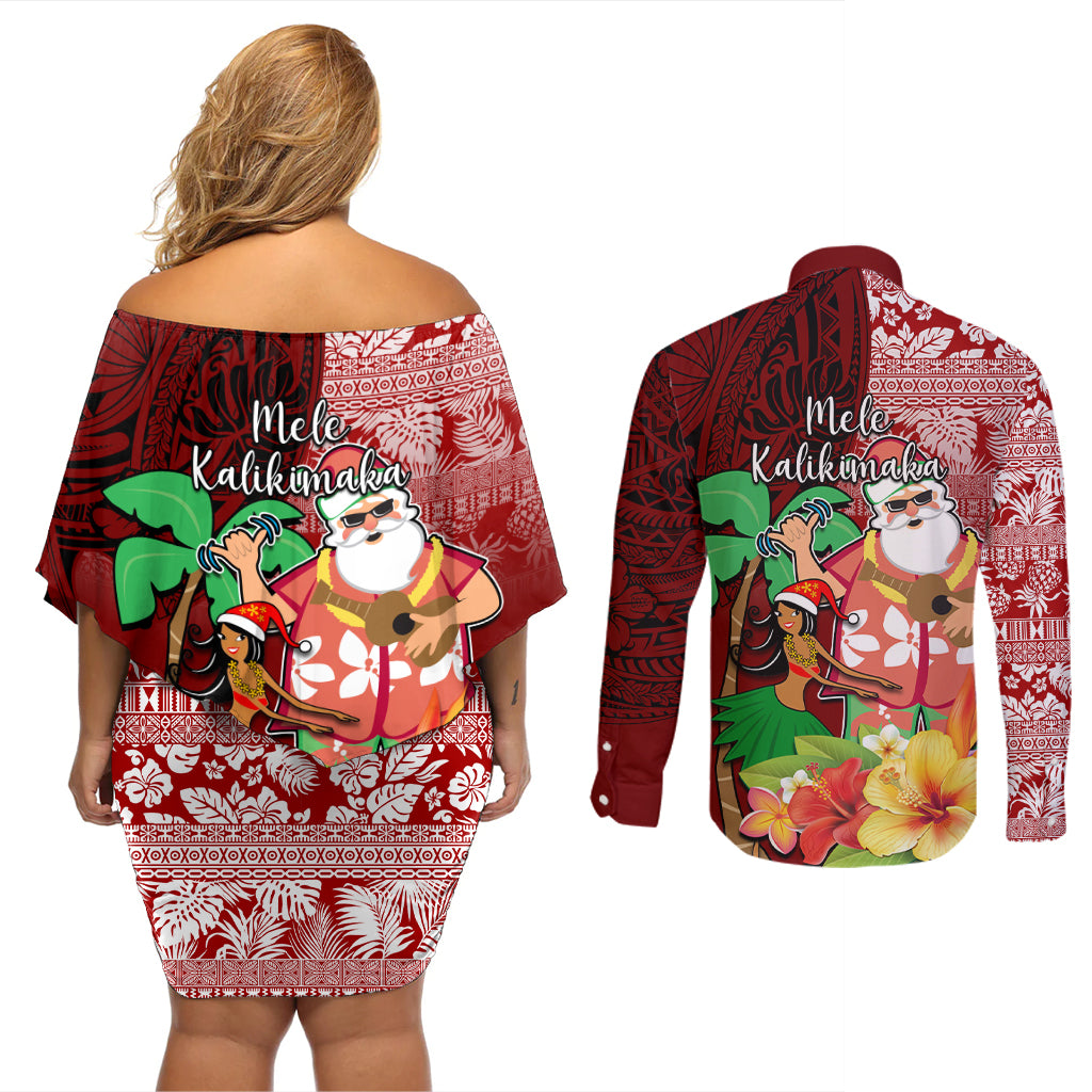 Hawaii Mele Kalikimaka Couples Matching Off Shoulder Short Dress and Long Sleeve Button Shirt Santa Claus and Hula Girl Tropical Folwer with Hawaiian Pattern LT03 - Polynesian Pride