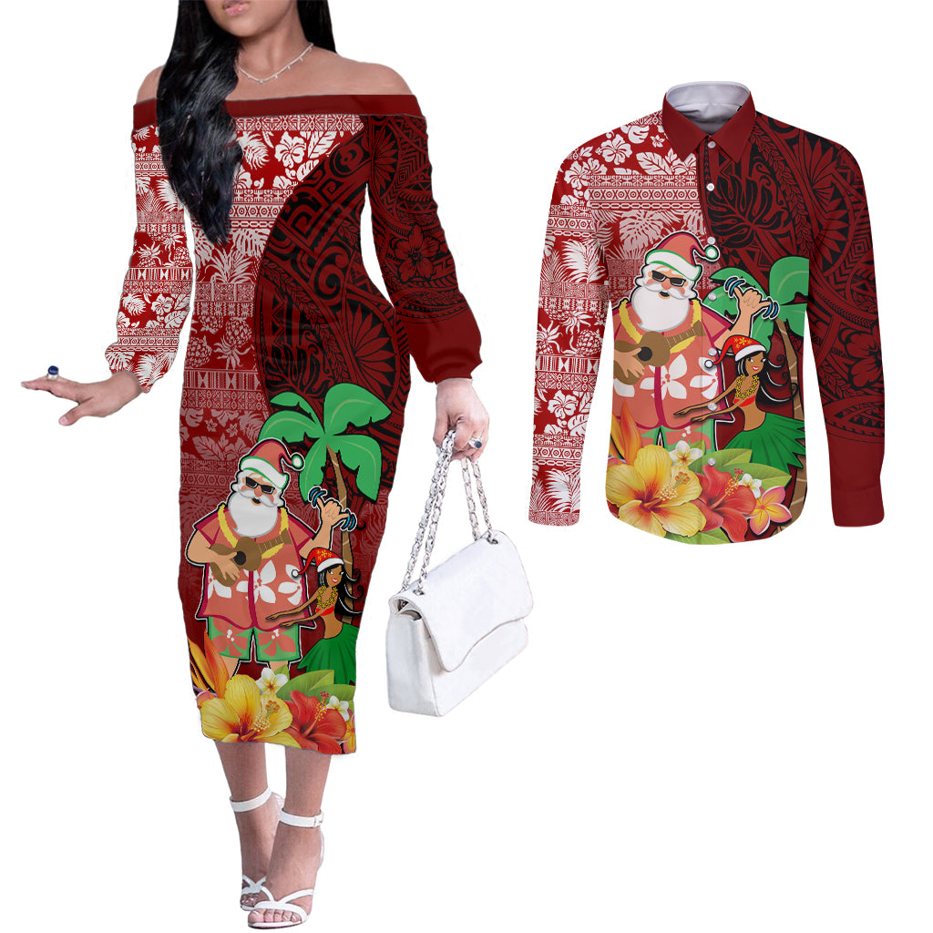 Hawaii Mele Kalikimaka Couples Matching Off The Shoulder Long Sleeve Dress and Long Sleeve Button Shirt Santa Claus and Hula Girl Tropical Folwer with Hawaiian Pattern LT03 Red - Polynesian Pride