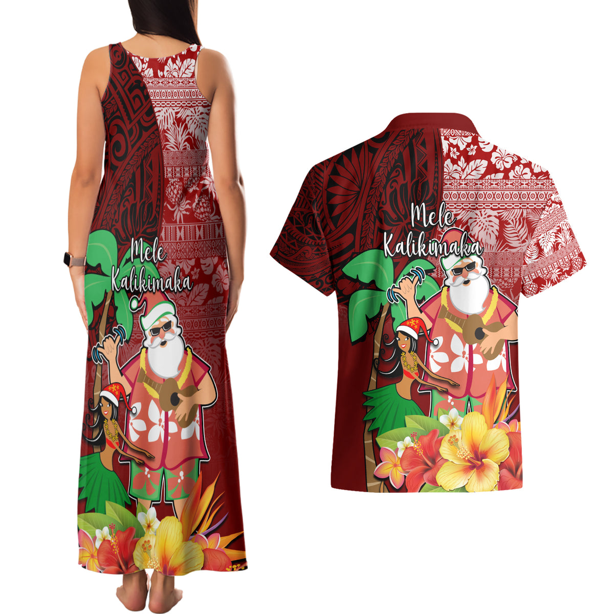 Hawaii Mele Kalikimaka Couples Matching Tank Maxi Dress and Hawaiian Shirt Santa Claus and Hula Girl Tropical Folwer with Hawaiian Pattern LT03 - Polynesian Pride