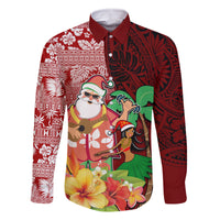 Hawaii Mele Kalikimaka Family Matching Long Sleeve Bodycon Dress and Hawaiian Shirt Santa Claus and Hula Girl Tropical Folwer with Hawaiian Pattern LT03 Dad's Shirt - Long Sleeve Red - Polynesian Pride