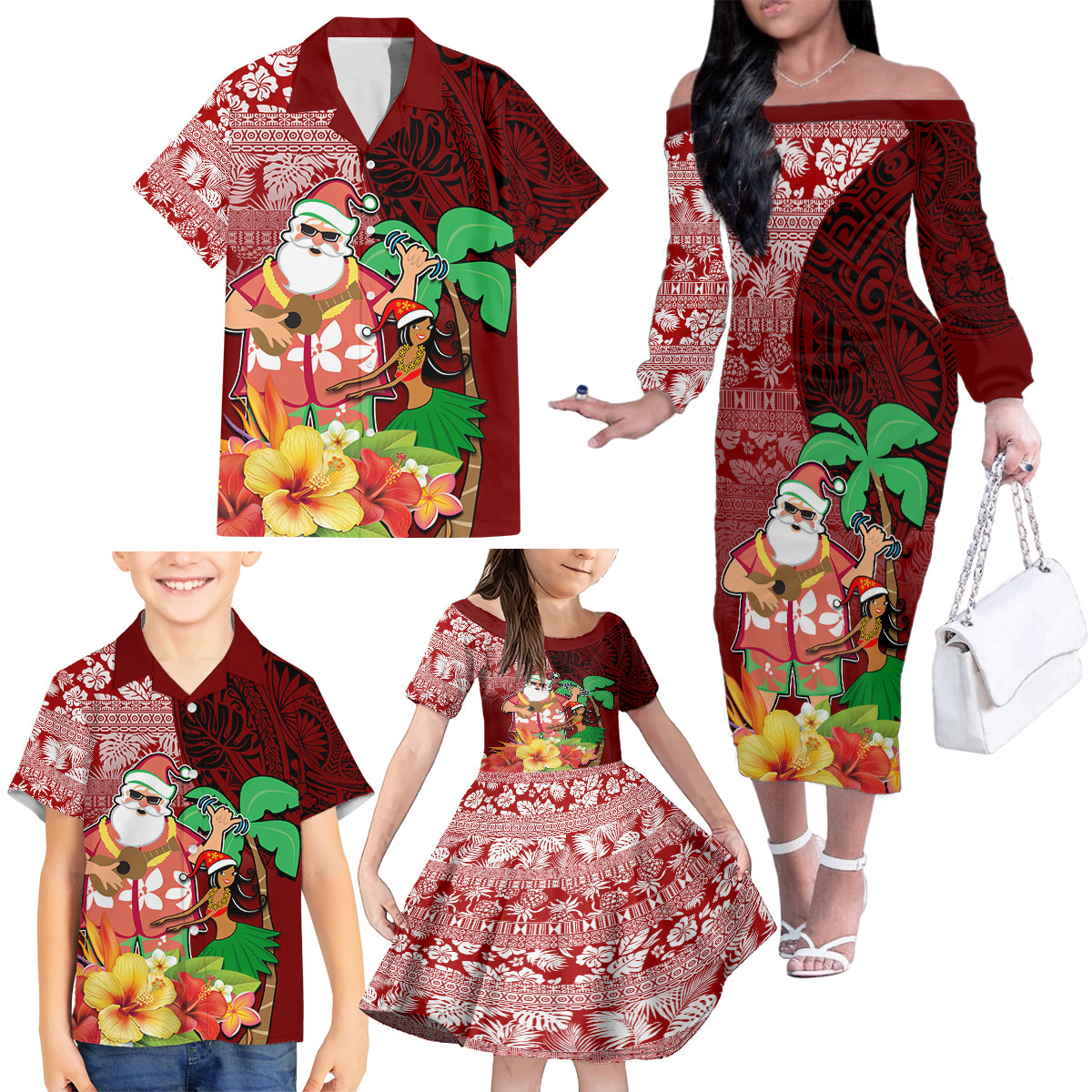 Hawaii Mele Kalikimaka Family Matching Off Shoulder Long Sleeve Dress and Hawaiian Shirt Santa Claus and Hula Girl Tropical Folwer with Hawaiian Pattern LT03 - Polynesian Pride