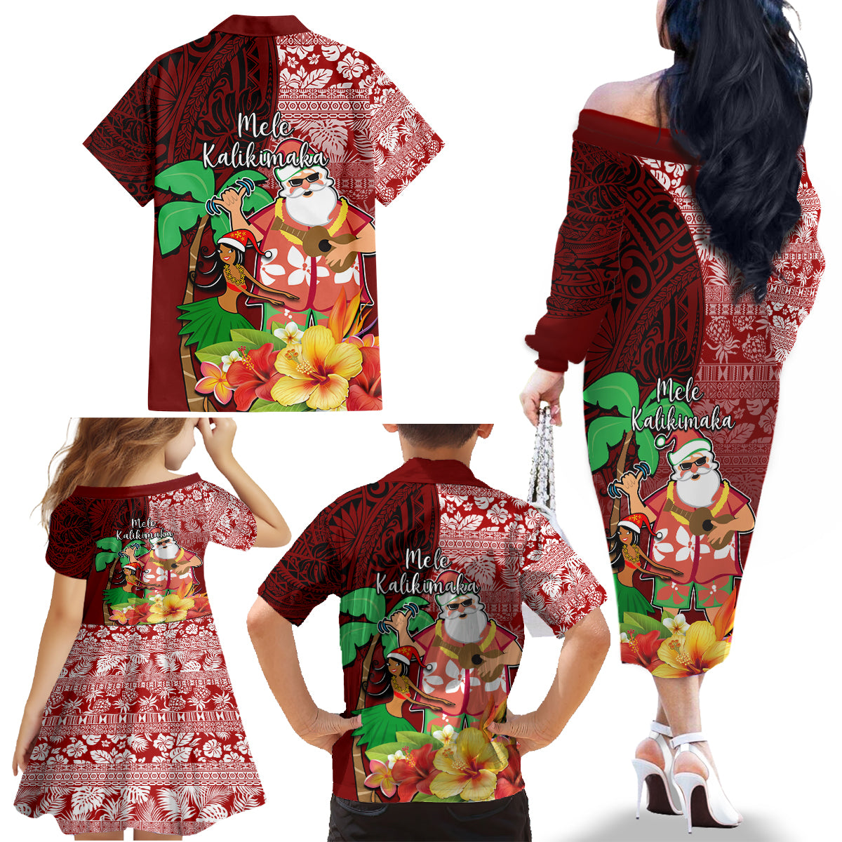Hawaii Mele Kalikimaka Family Matching Off Shoulder Long Sleeve Dress and Hawaiian Shirt Santa Claus and Hula Girl Tropical Folwer with Hawaiian Pattern LT03 - Polynesian Pride