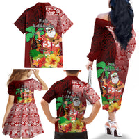 Hawaii Mele Kalikimaka Family Matching Off Shoulder Long Sleeve Dress and Hawaiian Shirt Santa Claus and Hula Girl Tropical Folwer with Hawaiian Pattern LT03 - Polynesian Pride