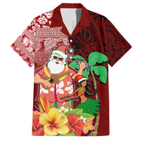 Hawaii Mele Kalikimaka Family Matching Off Shoulder Long Sleeve Dress and Hawaiian Shirt Santa Claus and Hula Girl Tropical Folwer with Hawaiian Pattern LT03 Dad's Shirt - Short Sleeve Red - Polynesian Pride