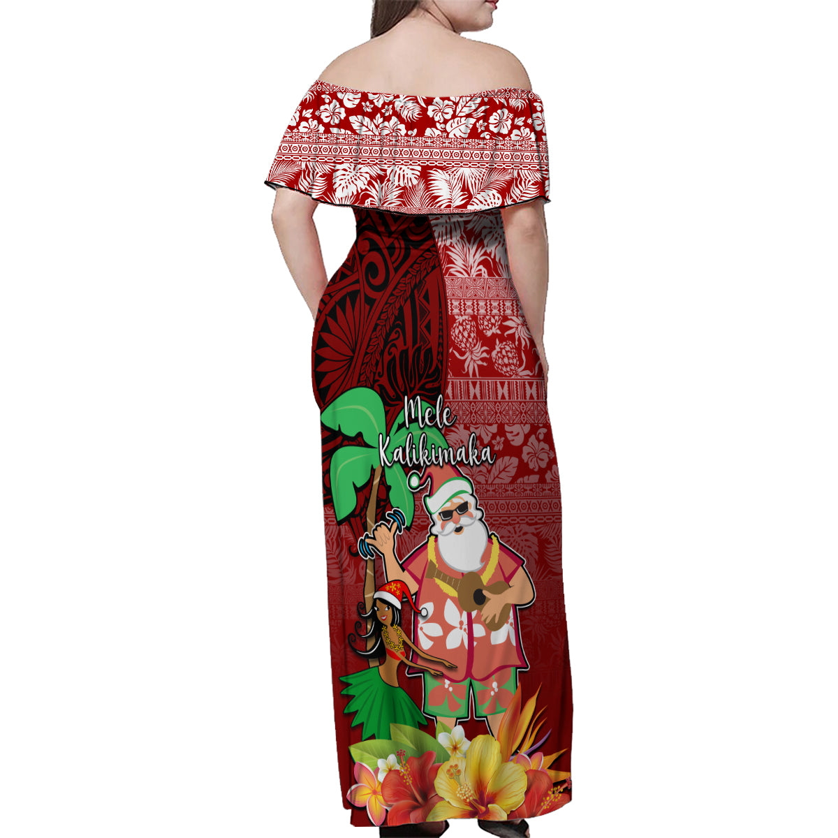 Hawaii Mele Kalikimaka Family Matching Off Shoulder Maxi Dress and Hawaiian Shirt Santa Claus and Hula Girl Tropical Folwer with Hawaiian Pattern LT03 - Polynesian Pride