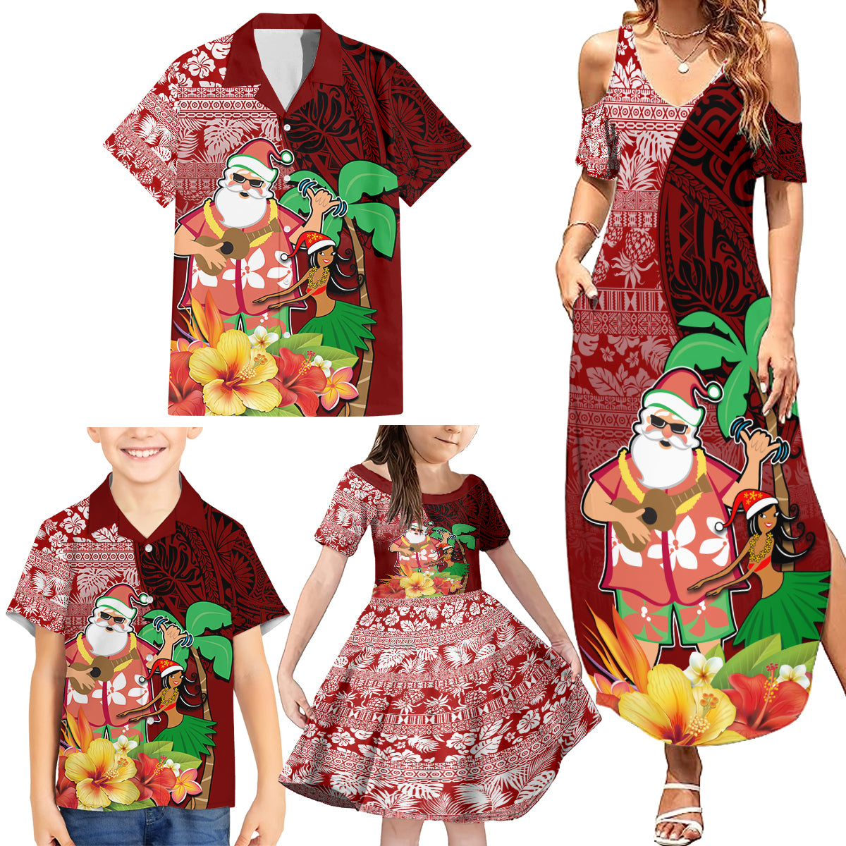 Hawaii Mele Kalikimaka Family Matching Summer Maxi Dress and Hawaiian Shirt Santa Claus and Hula Girl Tropical Folwer with Hawaiian Pattern LT03 - Polynesian Pride