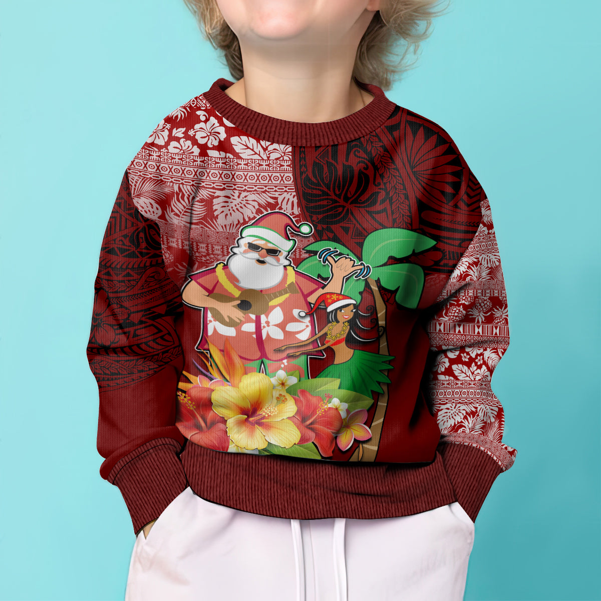 Hawaii Mele Kalikimaka Kid Ugly Christmas Sweater Santa Claus and Hula Girl Tropical Folwer with Hawaiian Pattern LT03 - Polynesian Pride