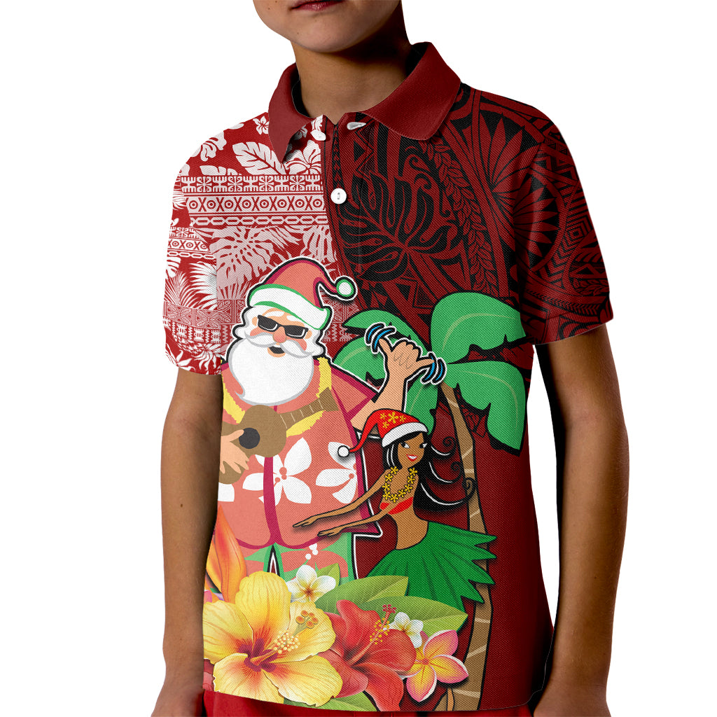 Hawaii Mele Kalikimaka Kid Polo Shirt Santa Claus and Hula Girl Tropical Folwer with Hawaiian Pattern LT03 Kid Red - Polynesian Pride