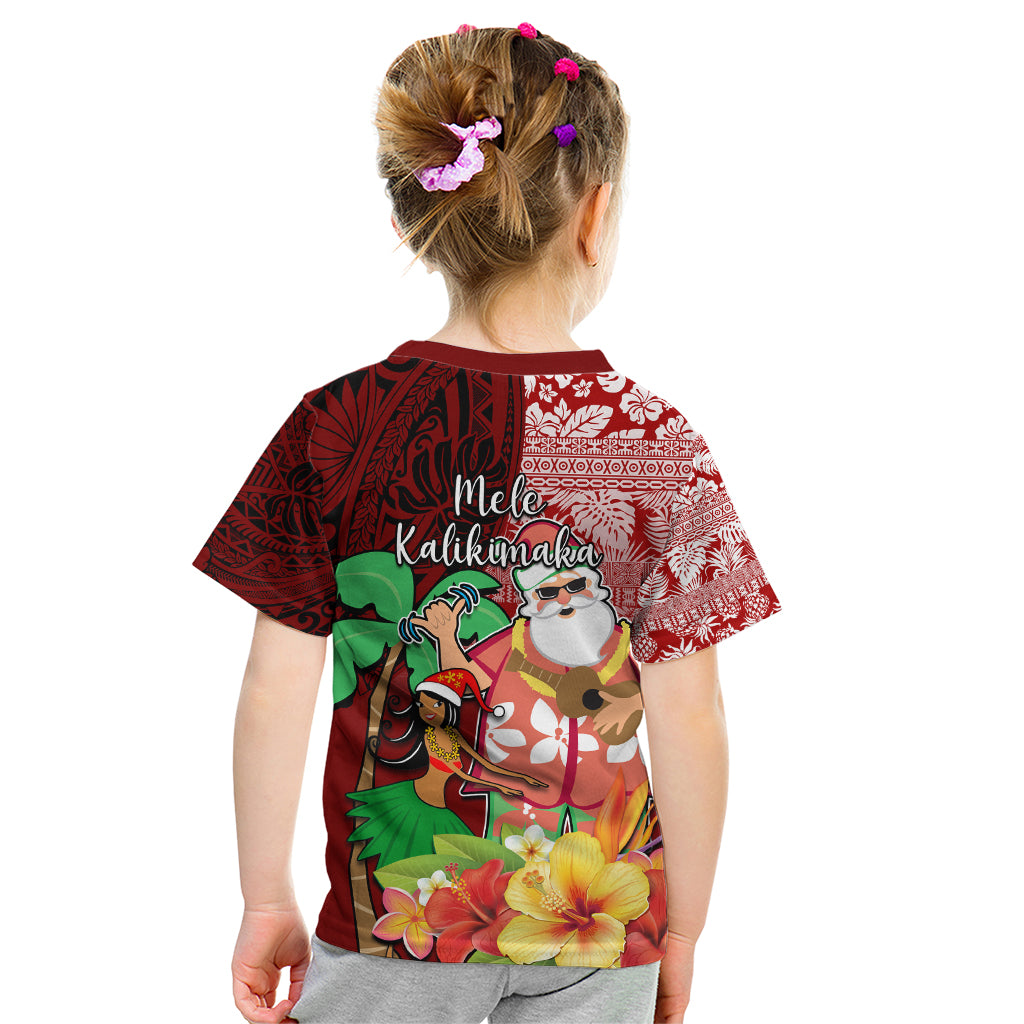 Hawaii Mele Kalikimaka Kid T Shirt Santa Claus and Hula Girl Tropical Folwer with Hawaiian Pattern LT03 - Polynesian Pride