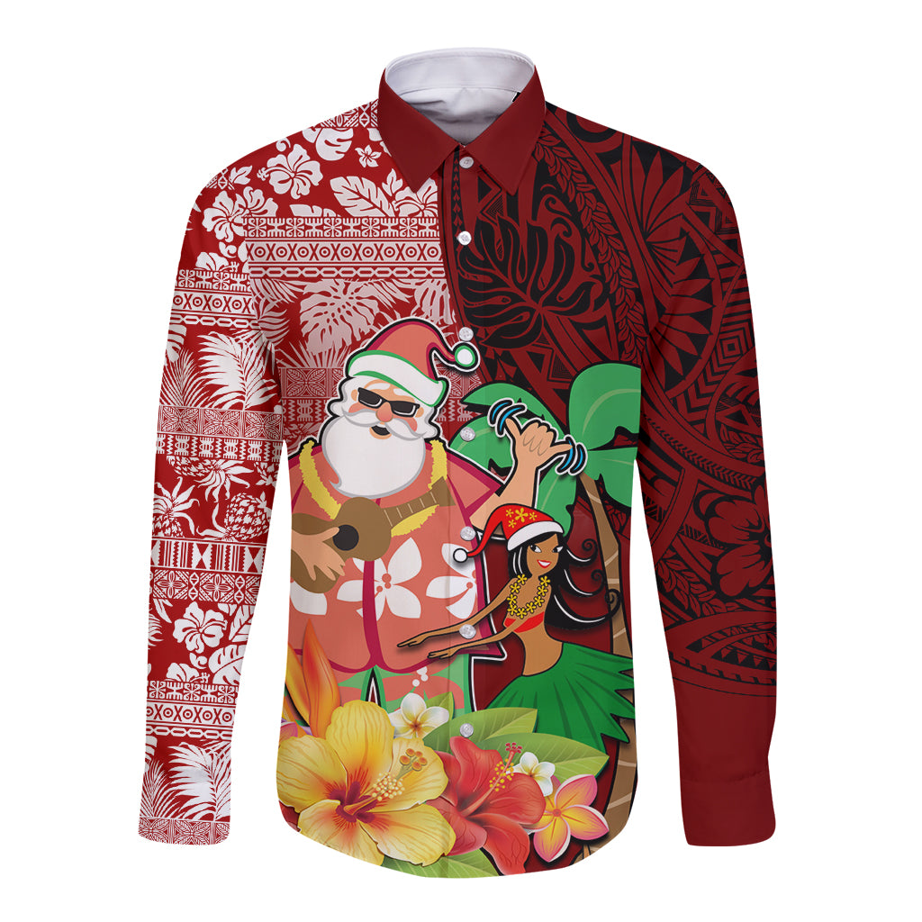 Hawaii Mele Kalikimaka Long Sleeve Button Shirt Santa Claus and Hula Girl Tropical Folwer with Hawaiian Pattern LT03 Unisex Red - Polynesian Pride
